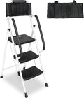 3 Step Ladder with Handrails & Attachable Tool Bag, 500 lbs Folding Step Stool Ladder, Wide Non-Slip Pedal for Kitchen Pantry Home Office, White