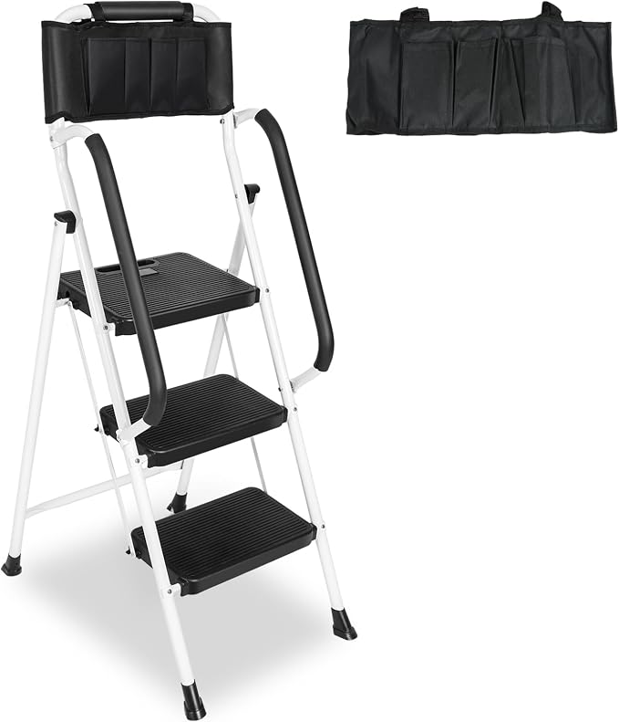 3 Step Ladder with Handrails & Attachable Tool Bag, 500 lbs Folding Step Stool Ladder, Wide Non-Slip Pedal for Kitchen Pantry Home Office, White