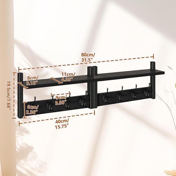 YMYNY Coat Rack Shelf Wall Mounted, Coat Hooks Set of 2, Entryway Coat Hanger with 8 Hooks, 31.5" Wall Floating Shelf with Hat Rack, for Kitchen, Bedroom, Bathroom, Black UHWS001B-2