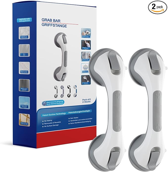 Shower Grab Bar Suction Cup 12 inch, 2 Pack Grab Bars for Bathtubs, Bathroom Safety Grip Shower Handle for Elderly and Seniors, Bath Handrails Removable Waterproof No Drilling Grey