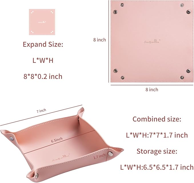 Leather Jewelry Valet Tray for Women and Man, Entryway Table Bedside Nightstand Desk Portable Small Catchall Travel Dish Plate for Key,Wallet,Watch,Phone,Coin(Pink-B)