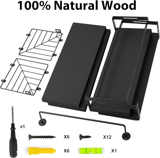 Fixwal Wall Mounted Bathroom Shelves Over Toilet, Rustic Wood Floating Shelves with Metal Frame and Towel Bar for Bathroom, Kitchen, Bedroom, Living Room (3 Plus 1 Black)