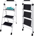 OLIXIS 3 Step Ladder, 330lbs Capacity Foldable Step Stool with Anti-Slip Pedal, Sturdy Steel Ladder & Comfortable Handrail, Protable Heavy Duty Step Stool for Kitchen, Garage, Outdoor Use - Black
