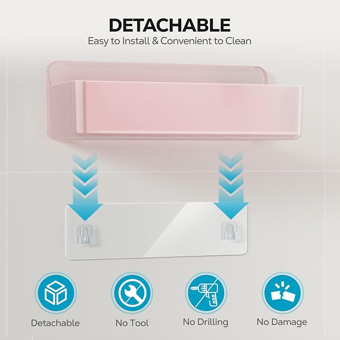 Nieifi Adhesive Wall Shelf, Shower Shelves, Shower Organizer for Bathroom Organization (Pink-Clear, 5 pieces)
