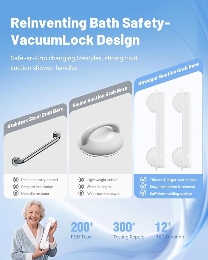 JOTPE Grab Bars for Shower, No Drilling & Removable Suction Cup Grab Bars, Heavy Duty Shower Handle for Seniors Elderly Handicap, Safety Bath Handrail for Balance Assistance, 2 Pack, White, 11 Inch