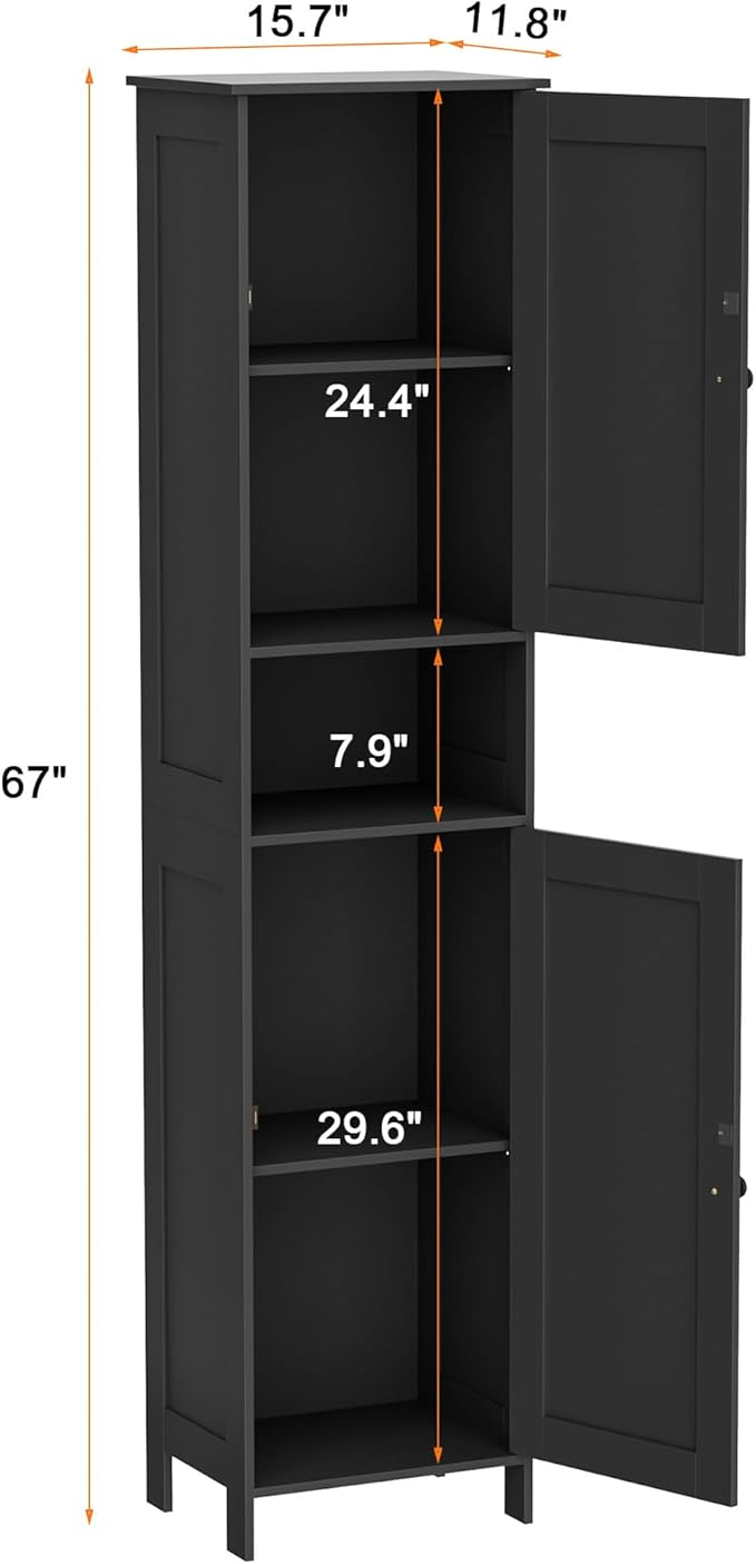 Homleke Tall Bathroom Storage Cabinet with 2 Doors, 67"H Narrow Storage Cabinet with Adjustable Shelves& Anti-Tip Design, Reversible Door Installation, Easy Assembly, 11.8 x 15.7 x 66.9 Inches, Black