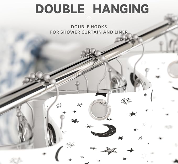 Shower Curtain Hooks Silver, Bathway Shower Curtain Rings Rust Proof, Shower Hooks for Shower Curtain Balanced Smooth Glide Double Shower Curtain Hooks, 12 Pcs