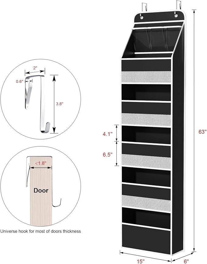 Univivi 6-Shelf Over Door Hanging Organizer Fabric Baby Door Storage with 5 Large Pockets and 3 Small PVC Pockets Wall Mount Hanging Storage Organizers for Baby Essential (Black)