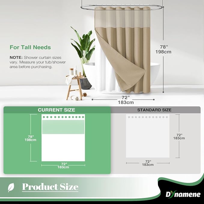 Dynamene 78 Inch Long Shower Curtain, Tall Waffle Fabric Shower Curtains for Bathroom, Hotel Waterproof Cloth Shower Curtain Liner Set with Hooks, Snap in Liner, Mesh Top Window, Beige, 72x78