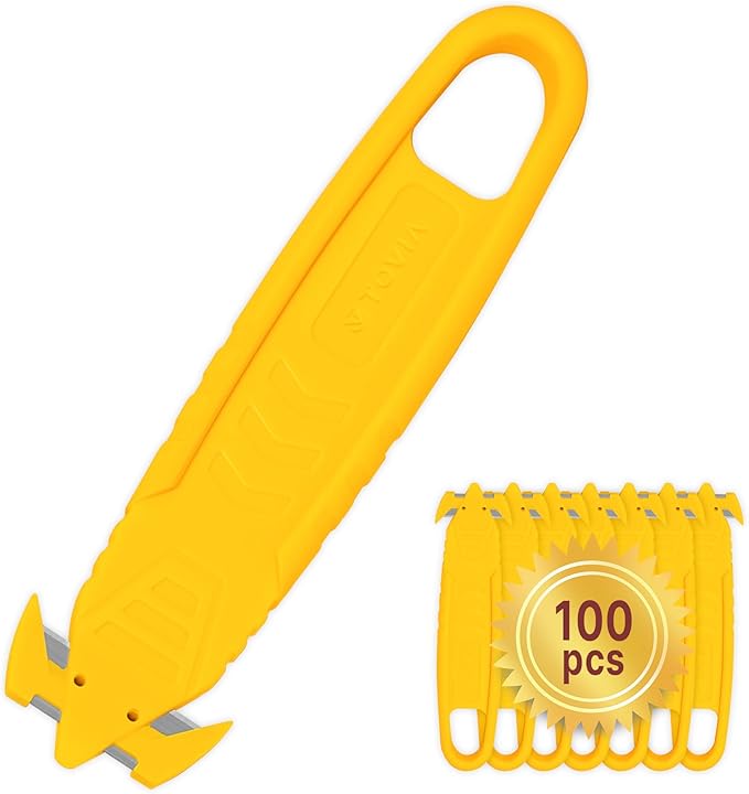 Safety Box Cutter, T TOVIA 100 Pcs Safety Utility Cutter of Stainless Steel Blade Package Opener with Tape Splitter for Cartons, Cardboard, Wrap, Straps, Film (100 PCS- Yellow)