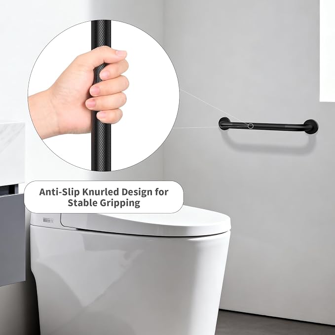 Black Grab Bar 24 Inch, iHansee Anti-Slip Bathroom Grab Bar w/Knurled Grip, Stainless Steel Safety Handrail for Toilet Bathtub Shower, Wall Mounted Matte Black Handicap Bars Handle for Senior Elderly