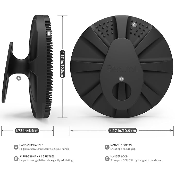 Silicone Body Scrubber, BEAUTAIL Upgrade 3rd Gen Shower Bath Brush, Lather Nicely, Soft Massage Body, More Hygienic Than Traditional Loofah, Gentle Exfoliating for Sensitive Skin, 1 Pack, Black