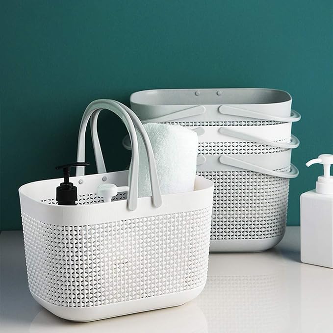 UUJOLY Plastic Storage Baskets with Handle Shower Caddy Organizer Bins for Home Bathroom Kitchen (3 Pack-White)