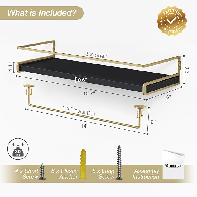 Forbena Black and Gold Bathroom Floating Shelves for Wall, Decorative Wall Mounted Shelves for Kitchen Coffee Bar Station Organizers and Storage, Hanging Shelving Unit for Bedroom Living Room (2-Pack)