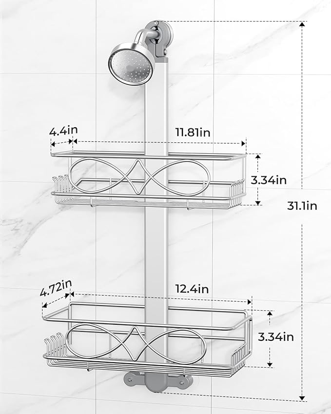 ODesign 2 Tier Stainless Steel Anodized Aluminum,Height-Adjustable Rustproof Shower Caddy Hanging Anti-Swing-Over The Shower Head Caddy-Bathroom Showe r Storage Organizer With Soap Box Holder- Sliver