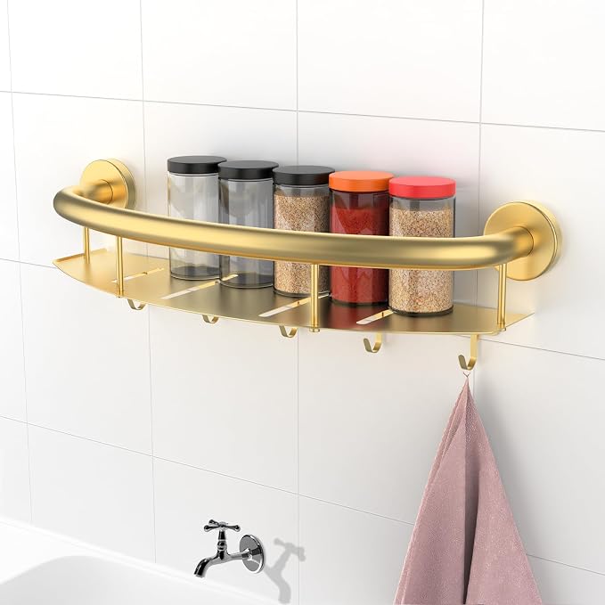 Gold 18-inch Safety Grab Bar with Storage Shelf for Bathtub or Shower, Drainage Holes, Stainless Steel, Wall Mounted Grab Bars for Elderly Injured Balance Support