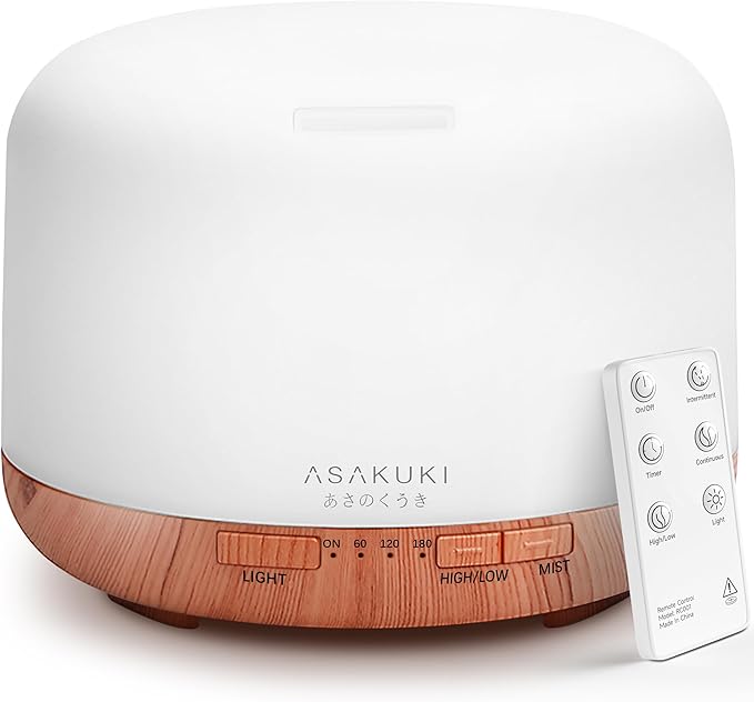 ASAKUKI Essential Oil Diffuser for Home, 500ML Aromatherapy Diffuser Humidifier with Remote Control, 7 Color LED Lights, Quiet Cool Mist Diffuser for Bedroom, Office (Yellow)