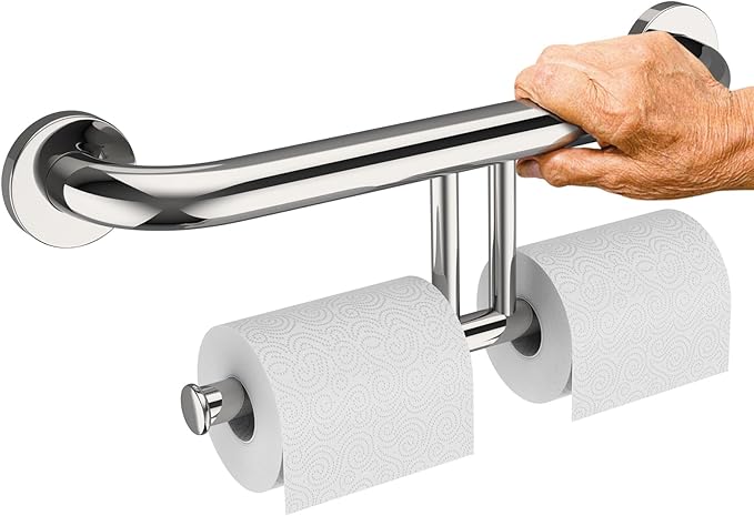 Chrome Grab Bar w/Double Toilet Paper Roll Holder 17 Inch, iHansee Stainless Steel Shower Support Balanced Support Handle, Wall Mounted Safety Bathroom Handrail for Elderly Senior Handicap Disabled