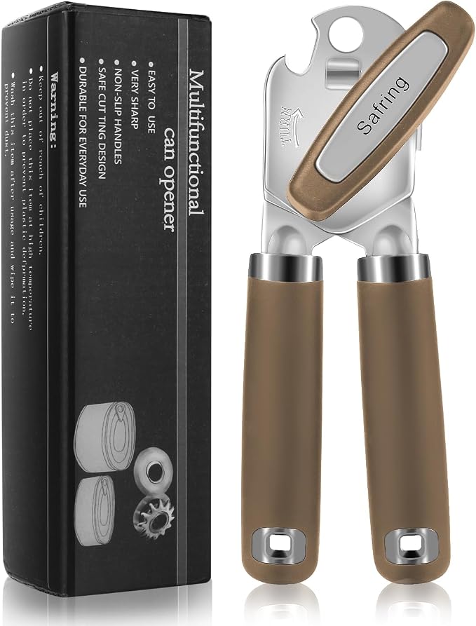 Safring Can Opener Manual, Heavy Duty Handheld Strong Can Opener with Soft Touch Handle, Sharp Blade Smooth Edge, Can Openers with Multifunctional Bottle Opener, Coffee