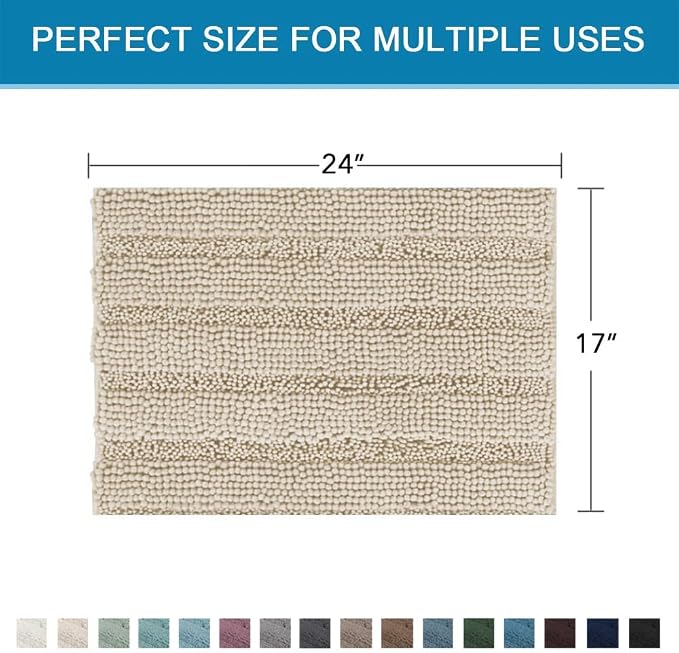 H.VERSAILTEX Bath Mats for Bathroom Non Slip Thick Chenille Striped Bath Rug Absorbent Fluffy Soft Shaggy Rugs Washable Dry Fast Plush Mats for Indoor, Bath Room, Tub - 17" x 24", Fog