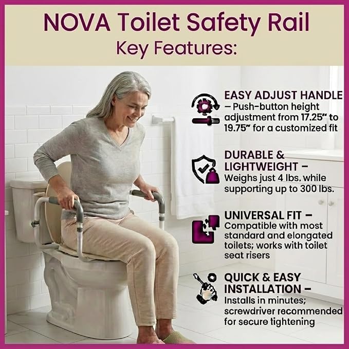 NOVA Toilet Safety Hand Rails – Adjustable Padded Armrests, Removable Aluminum Toilet Support Handles for Seniors & Mobility Assistance, Fits Standard & Elongated Toilets, 300 lb Capacity