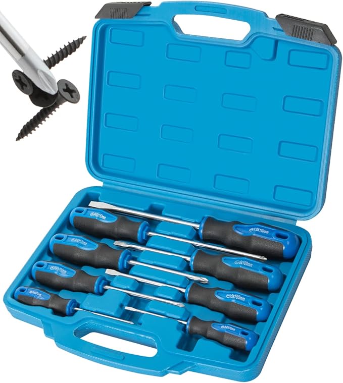 ROTATION 8-Piece Magnetic Screwdrivers Set with Nichrome tip, 4 Phillips and 4 Slotted Tips, Professional Cushion Grip Screwdriver Set with High Torque (8pc Silver Tip Gloss)