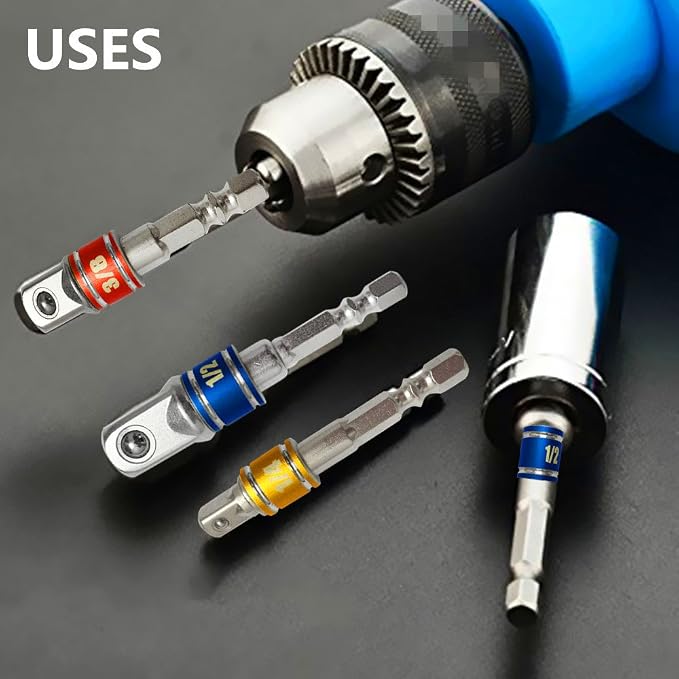 CIGOTU Impact Grade Socket Adapter/Extension Set Turns Power Drill Into High Speed Nut Driver,1/4-Inch Hex Shank to Drive for Adapters to Use with Drill Chucks, Sizes 1/4" 3/8" 1/2", Cr-V, 3-Piece