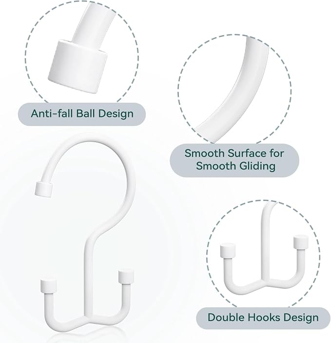 Goowin Shower Curtain Hooks, Shower Curtain Rings, Durable Shower Curtain Hangers Rust Proof, Double Glide Shower Rings for Curtain, Simple Shower Hooks for Shower Curtain, White, 12 Pack-Cylinders
