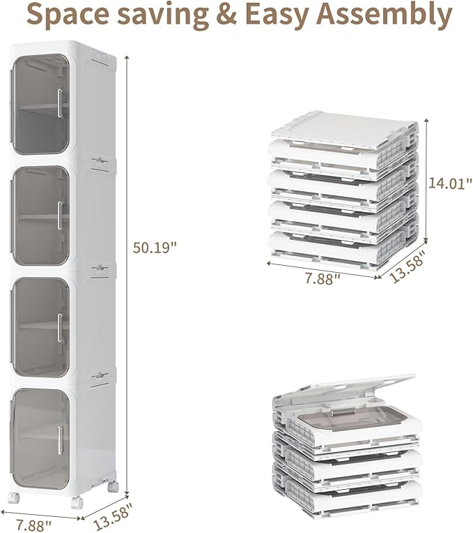 4-Tiers Slim Bathroom Storage Cabinet, Foldable Storage Cabinets,Narrow Bathroom Storage,Movable Bathroom Storage Organizer for Small Spaces,Bathroom,Kitchen,Laundry,White
