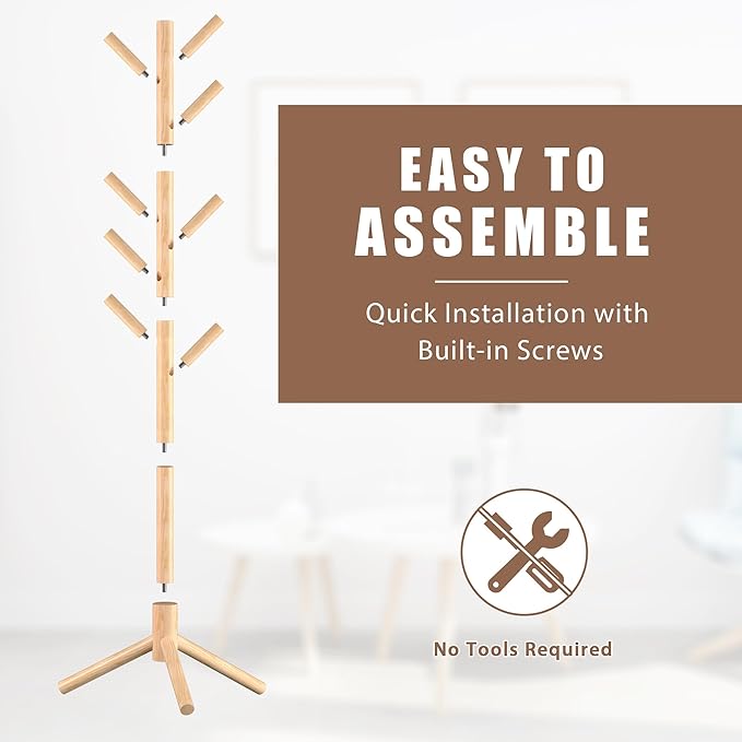 Haddockway Wooden Coat Rack Stand with 8 Hooks New Zealand Pine 3 Adjustable Coat Standing Tree Easy Assembly for Coats, Hats, Scarves and Handbags for Entryway, Hallway, Bedroom, Office