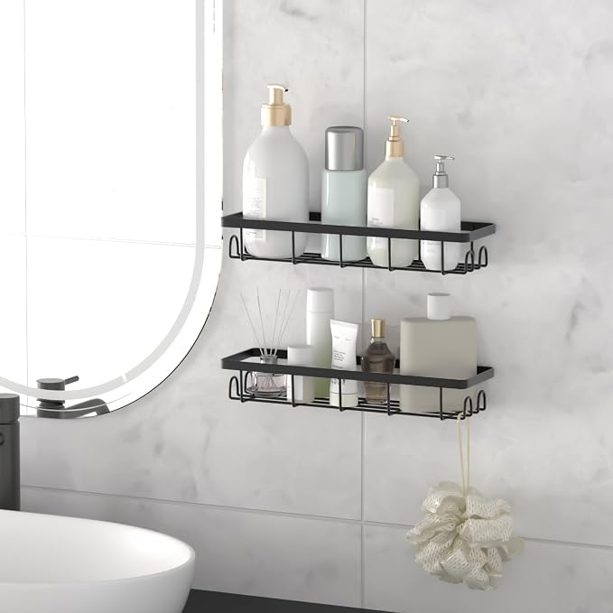 Shower Caddy Organizer with Hooks,Self Adhesive Bathroom Shelves,No Drilling Bathroom Organizers and Storage,Perfect for RV, Apartment, Home Decor,2 Pack Black