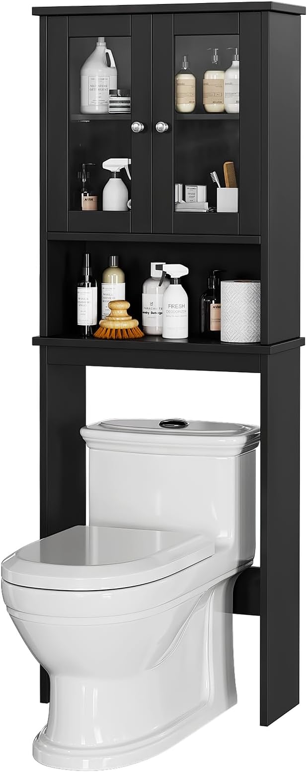 Over The Toilet Storage Cabinet for Bathroom, Black Storage Organizer Over Toilet, Space Saver with 2 Tempered Glass Doors, Black