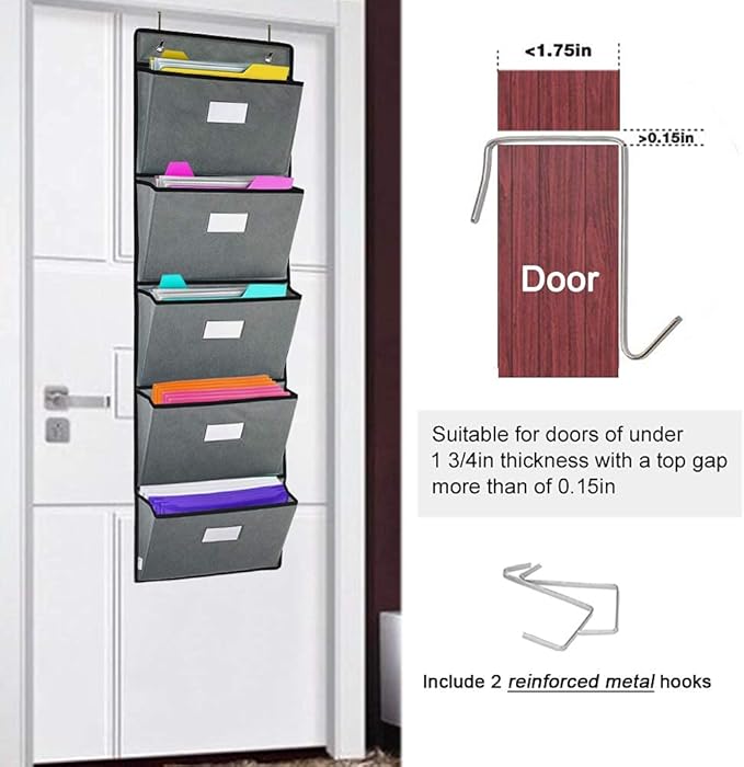 Over the Door Hanging File Organizer 5 Extra Large Pockets Wall Hanging File Folders Organizer Holders,Home Office Supplies Storage Pocket Chart for Paper Mails Planners Notebooks,Gray