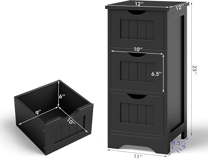 Floor Cabinet with 3 Drawers, Freestanding Side Storage Organizer, Wooden Storage Cabinet for Bathroom Home Office Living Room(Black)