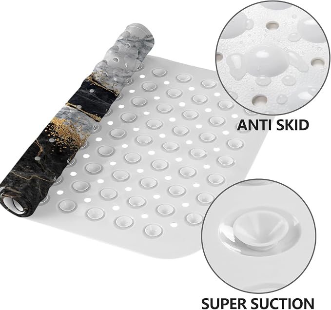 LNOND Marble Bath Tub Mat Non Slip, Extra Long 40 X 16 Inch Anti Slip Mat for Bathtub, Black Grey Marble Shower Mat with Drain Holes and Suction Cups, Machine Washable