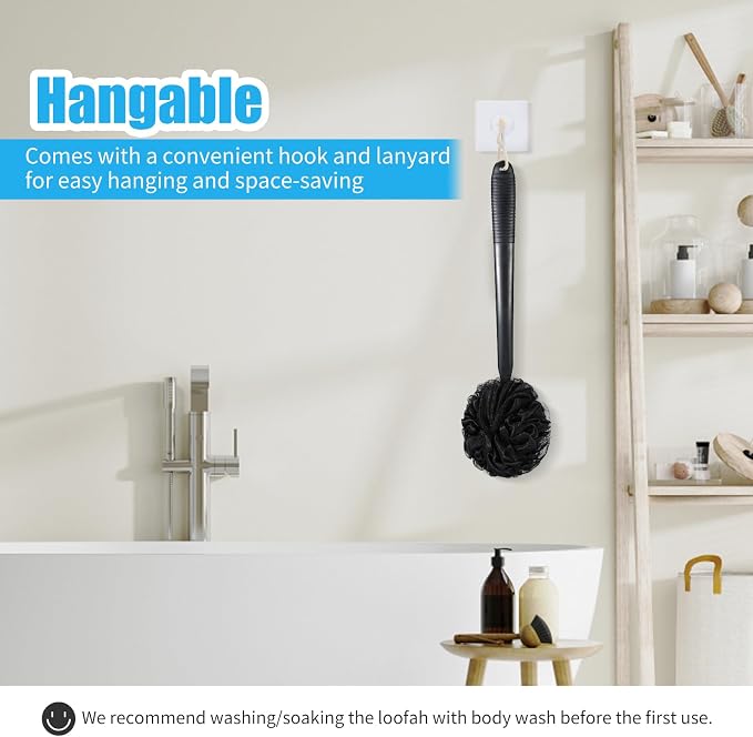 VANZAVANZU Loofah Sponge Set Loofah Exfoliating Body Scrubber, Anti-Slip Plastic 17" Handle Loofah on a Stick with Fluffy Shower Sponge, PE Soft Mesh Shower Loofahs-Black