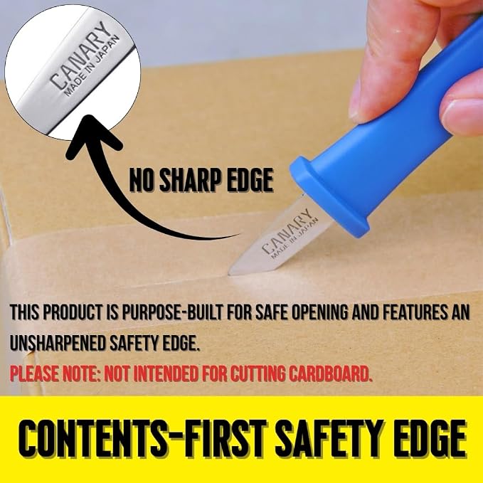 CANARY Safety Box Opener Tool with No Sharp Edge 5" [No Blade] - Mini Package Opener for Careful Package Opening Around Contents - Made in Japan, Blue