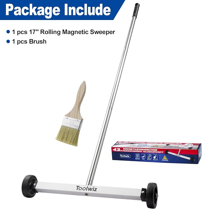 Toolwiz Magnetic Pick Up Sweeper 17-inch Heavy Duty Magnet Pickup Lawn Sweeper Roofing Tools, 8.8 Lbs Yard Tools with Smooth Wheels to Clean Nails for Construction