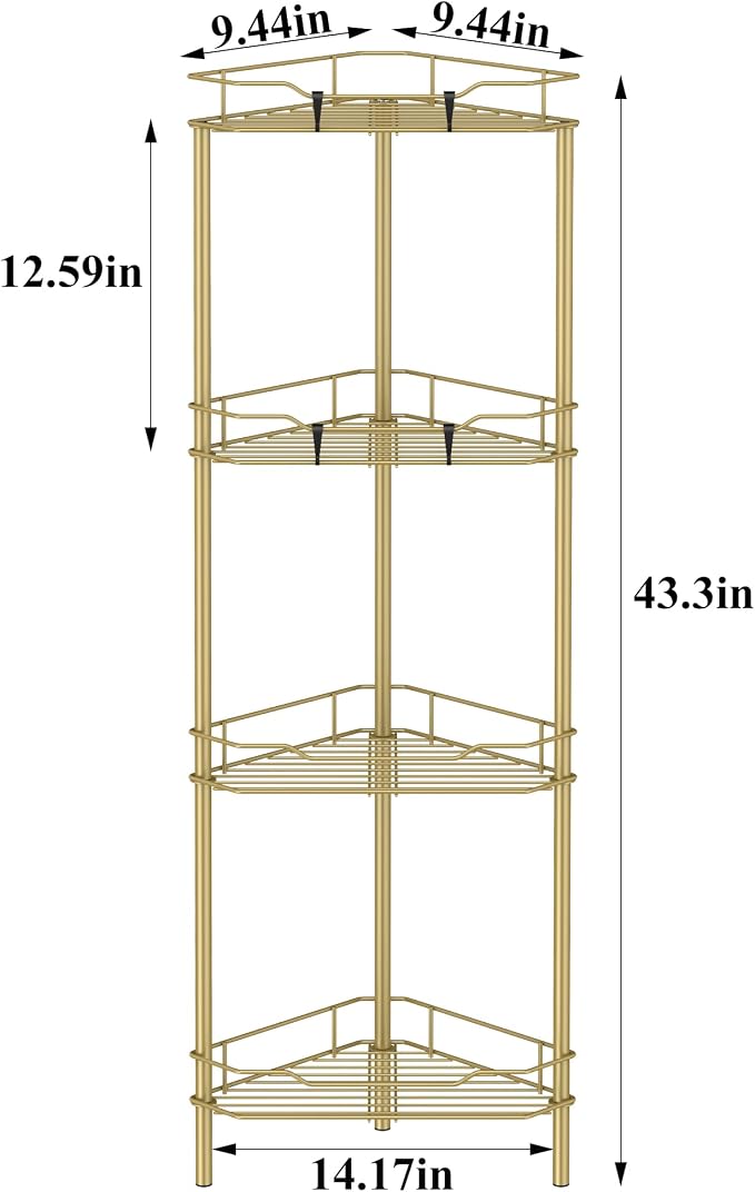 HuggieGems 4 Tier Floor Standing Corner Shower Caddy Organizer Shelf with Hooks, Bathroom Shelves Stand Rack, Gold