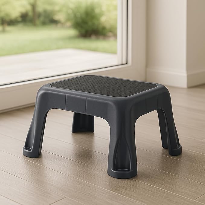 Plastic Step Stool with Stable in-Mold Tread, One-Step Design for Everyday Home Use, Durable Lightweight Build for Kitchen, Closet, and Office – Gray