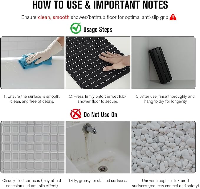 MBOSS Bath Tub Shower Mat Non Slip Bathtub Mats for Bathroom Shower Floor Mat Bath Mats for Shower Tub Anti Slip Shower Mat with Drain Hole and Large Suction Cups (Black, 37.5 X 15.7 Inch)
