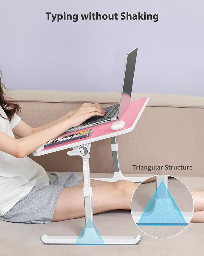 SAIJI Height & Angle Adjustable Laptop Stand for Bed, Lap Desk Bed Tray Table, Light Weight Foldable Portable Laptop Table for Couch Sofa Chair Floor Desk for Adults, Kids (Pink)