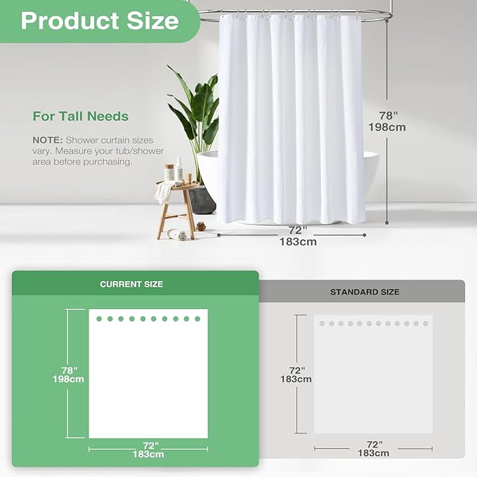 Dynamene Long White Fabric Shower Curtain - Waffle Textured Tall Heavy Duty Cloth Shower Curtains for Bathroom, 256GSM Large Hotel Spa Luxury Bath Curtain Set with 12 Plastic Hooks(72Wx78H, White)