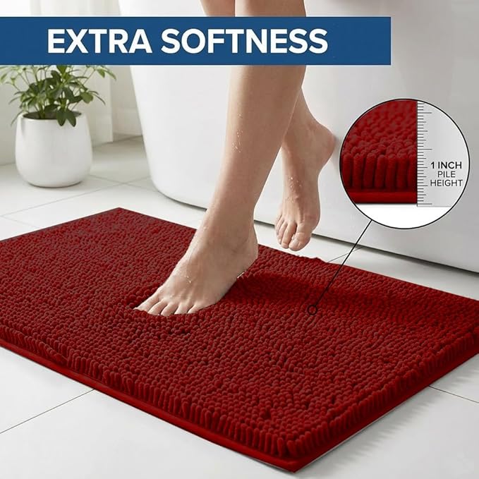 Bathroom Rugs Sets 2 Piece,Super Absorbent Chenille Bath Mats and U-Shaped Toilet Rug,Strong PVC Non Slip Backing,Microfiber Washable Dry Quickly Bath Mats for Bathroom(20"x32"+20"x20"U,Dark Red)