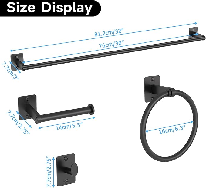 KLJKPA 4 Pieces Bathroom Hardware Set, 32 inch Towel Bar, Matte Black Bathroom Accessories Set, Towel Racks for Bathroom, Robe Towel Hooks, Toilet Paper Holder Wall Mounted