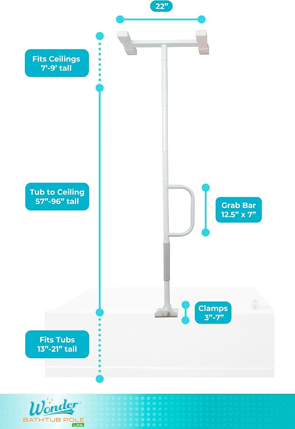 Stander Wonder Bathtub Pole Lite, Tub to Ceiling Grab Bar, Adjustable Shower Handle for Bathtubs, Clamp on Bathroom Safety Rail for Seniors, Elderly Adults, No Drill Installation, White