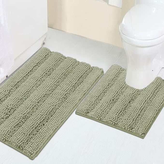 Turquoize Chenille Bathroom Rugs Non-Slip Bath Mats for Bathroom Super Absorbent Shaggy Rugs for Tub Shower Toilet Plush Bath Rug Plus U Shaped Rug (Standard: 20" x 32" and 20" x 20" U), Eucalyptus