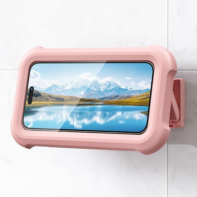 Lamicall Waterproof Shower Phone Holder - Shower Bathroom Bath Cellphone Accessories for Women Girls, Christmas iPhone Accessories Case Wall Mount Stand, Gift Gadget for 4-7" Phones, Pink
