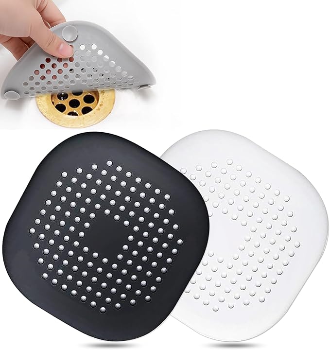 Hair Drain Catcher,Square Drain Cover for Shower Silicone Hair Stopper with Suction Cup,Easy to Install Suit for Bathroom,Bathtub,Kitchen 2 Pack (Ivory White Black)