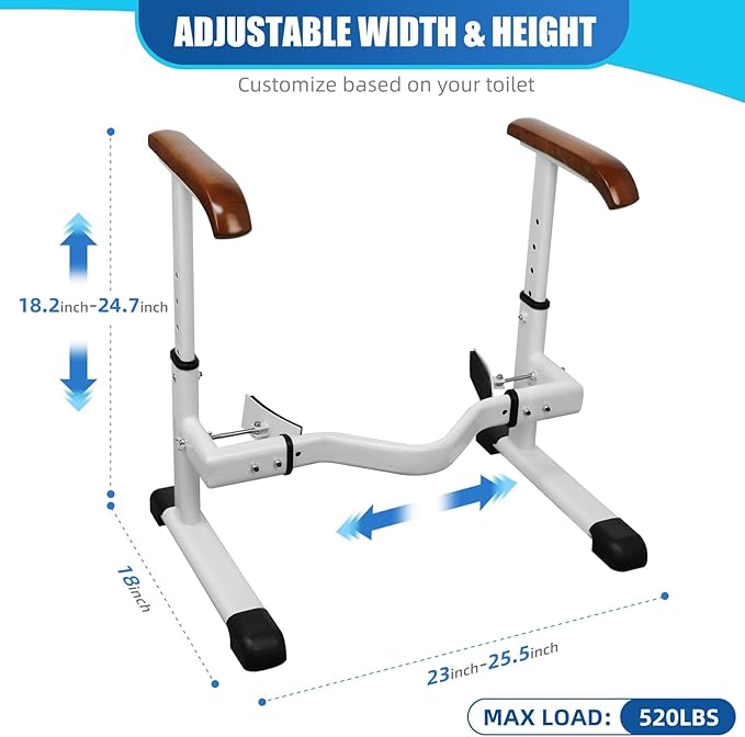 FSA/HSA Eligible Toilet Safety Rails for Elderly with Solid Wood Handles, Adjustable Height & Width, Heavy Duty Thickened Toilet Safety Frame, 520 LBS Capacity, Handles for Disabled & Seniors
